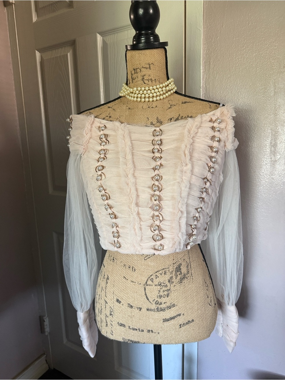 Women's Blush Pink Ruffled Pearl-Trim Off-Shoulder Top